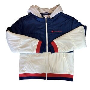 Champion Stadium Puffer Jacket Hood Red White Blue Size Large Men's